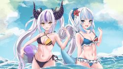 Rule 34 | 2girls, alternate breast size, bikini, black bikini, blue eyes, blue hair, breasts, cleavage, commentary, demon girl, demon horns, demon tail, english commentary, fangs, fins, fish tail, flower, frilled bikini, frills, gawr gura, hair flower, hair ornament, halterneck, highres, hololive, hololive english, horns, la+ darknesss, long hair, looking at viewer, multicolored hair, multiple girls, navel, open mouth, ponytail, purple hair, shark girl, shark hair ornament, shark print, shark tail, sharp teeth, side-tie bikini bottom, small breasts, streaked hair, swimsuit, tail, teeth, twintails, two-tone bikini, varo 006, virtual youtuber, water, white hair, yellow bikini, yellow eyes
