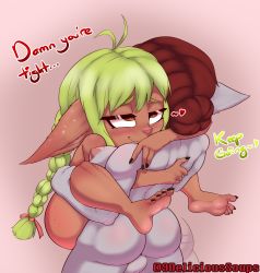 Rule 34 | 1futa, 1girl, absurdres, ass, blush, breasts, brown eyes, brown hair, colored skin, completely nude, english text, futa with female, futanari, green hair, grey skin, hair bun, highres, league of legends, medium breasts, nail polish, nipples, no humans, nude, original, pointy ears, ponytail, sex, single hair bun, smile, soup (9delicioussoups), standing, standing sex, testicles, vaginal, yordle