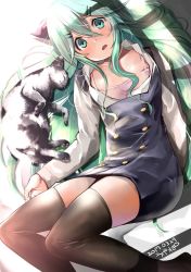 Rule 34 | 10s, 1girl, blush, bra, cat, dated, dress, green hair, hair between eyes, hair ornament, hair ribbon, hairclip, kantai collection, long hair, looking at viewer, lying, open clothes, open dress, pink bra, ribbon, solo, thighhighs, ugeppa, underwear, yamakaze (kancolle)