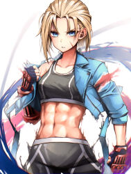 Rule 34 | 1girl, abs, black gloves, black sports bra, blonde hair, blue eyes, blue jacket, cammy white, clenched hand, clenched teeth, commentary request, cropped jacket, forehead, gloves, hair slicked back, jacket, pants, pepushi drow, scar, scar on face, sleeves rolled up, sports bra, street fighter, street fighter 6, sweatpants, teeth, toned, yoga pants