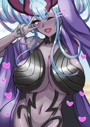 Rule 34 | 1girl, absurdres, arm up, blush, breasts, cleavage, collarbone, colored skin, cosplay, fate/grand order, fate (series), green nails, grey skin, groin, heart, heart-shaped pupils, highres, horns, huge breasts, ibuki douji (fate), ibuki douji (swimsuit berserker) (fate), japanese clothes, kimono, monster girl, multicolored hair, nail polish, navel, oni, open clothes, open kimono, open mouth, pink hair, pointy ears, purple hair, purple kimono, red eyes, shuten douji (fate), shuten douji (fate) (cosplay), skin-covered horns, stomach, symbol-shaped pupils, tefuru, two-tone hair, v