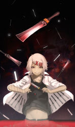 Rule 34 | 10s, 1boy, black shirt, ccaw, grin, highres, holding, holding knife, knife, looking at viewer, male focus, midriff, navel, red eyes, shirt, short hair, silver hair, smile, solo, suzuya juuzou, tokyo ghoul