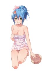 Rule 34 | 1girl, barefoot, blue hair, breasts, bucket, cccpo, cleavage, floral print, full body, green eyes, hair ornament, highres, large breasts, looking at viewer, naked towel, official art, open mouth, shirohime quest, solo, towel, transparent background, updo, wet, yamatokoriyama castle