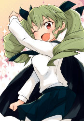Rule 34 | 1girl, :d, ;d, absurdres, anchovy (girls und panzer), anzio school uniform, arm up, barashiya, black cape, black necktie, black ribbon, black skirt, blush, cape, clenched hands, commentary request, dancing, dress shirt, drill hair, girls und panzer, green hair, hair ribbon, highres, light blush, long hair, long sleeves, looking at viewer, miniskirt, necktie, one eye closed, open mouth, pantyhose, pleated skirt, red eyes, ribbon, school uniform, shirt, skirt, smile, solo, sparkle, standing, the monkey, twin drills, twintails, v-shaped eyebrows, white pantyhose, white shirt