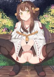 Rule 34 | 1girl, alternate eye color, blush, boots, bottomless, brown hair, censored, clothes lift, detached sleeves, double bun, embarrassed, hair bun, headgear, japanese clothes, kantai collection, kongou (kancolle), kongou kai ni (kancolle), long hair, looking at viewer, minamimachi naname, mosaic censoring, nontraditional miko, peeing, pussy, ribbon-trimmed sleeves, ribbon trim, skirt, skirt lift, solo, spread legs, squatting, thigh boots, thighhighs, yellow eyes
