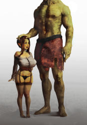Rule 34 | 1girl, absurdres, belt, black panties, breasts, brown eyes, buttons, colored skin, diathorn, fang, female goblin, female pubic hair, flaccid, garter belt, garter straps, goblin, green skin, grey background, hand on another&#039;s head, head out of frame, headpat, height difference, highres, huge breasts, interspecies, large breasts, lips, lipstick, looking up, makeup, manly, monster girl, no shoes, nose, off shoulder, orc, original, panties, penis, penis peek, pigeon-toed, pointy ears, pubic hair, pubic hair peek, see-through, see-through legwear, short hair, shortstack, sidelocks, size difference, solo focus, standing, thighhighs, underwear, when you see it