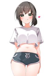 Rule 34 | 1girl, absurdres, alternate breast size, alternate costume, blush, breasts, brown hair, closed mouth, collarbone, cowboy shot, cropped shirt, from below, fubuki (kancolle), green eyes, green shorts, hair between eyes, heart, highres, kantai collection, licking lips, looking at viewer, low ponytail, medium breasts, medium hair, midriff, navel, pia (botamochinjufu), shirt, short shorts, short sleeves, shorts, sidelocks, simple background, smile, solo, standing, stomach, t-shirt, thighs, tongue, tongue out, white background, white shirt
