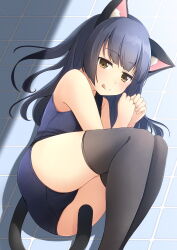 Rule 34 | 1girl, :q, animal ear fluff, animal ears, ass, bare arms, bare shoulders, black hair, black thighhighs, blue one-piece swimsuit, blush, brown eyes, cat ears, cat girl, cat tail, closed mouth, commentary request, feet out of frame, hands up, highres, long hair, looking at viewer, lying, old school swimsuit, on floor, on side, one-piece swimsuit, original, school swimsuit, shibacha, smile, solo, swimsuit, tail, thighhighs, tile floor, tiles, tongue, tongue out