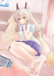 Rule 34 | 1girl, ass, ayanami (azur lane), azur lane, barefoot, bed, bed sheet, bedroom, bow, bowtie, cameo, character doll, collared shirt, commentary request, curtains, finger to mouth, game console, hair between eyes, headgear, highres, indoors, ishi (user vcwg3733), light brown hair, long hair, looking at viewer, lying, manjuu (azur lane), meowfficer (azur lane), nintendo switch, official alternate costume, orange eyes, plaid, plaid skirt, pleated skirt, ponytail, school uniform, shirt, short sleeves, sidelocks, skirt, soles, solo, stuffed animal, stuffed chicken, stuffed toy, toes, vest, window
