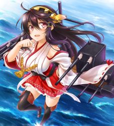 Rule 34 | 10s, 1girl, :d, bare shoulders, black hair, blush, boots, breasts, detached sleeves, hairband, haruna (kancolle), japanese clothes, kantai collection, large breasts, long hair, looking at viewer, miko, nontraditional miko, ocean, okitakung, open mouth, personification, red eyes, skirt, smile, solo, thigh boots, thighhighs, water, wide sleeves, zettai ryouiki