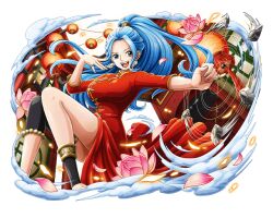 Rule 34 | 1girl, blue hair, chinese clothes, dress, high ponytail, lantern, long hair, nefertari vivi, official art, one piece, one piece treasure cruise, open mouth, paper lantern, red dress, solo, teeth, upper teeth only
