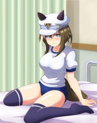 Rule 34 | 1girl, absurdres, alternate costume, animal ears, bed, blue eyes, blurry, blurry background, breasts, buruma, cheval grand (umamusume), closed mouth, collarbone, commentary request, commission, curtains, gym uniform, hair ornament, highres, horse ears, horse girl, horse tail, looking at viewer, medium breasts, partial commentary, shiodanx, sitting, skeb commission, solo, tail, thighhighs, umamusume, wariza