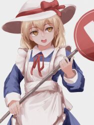 Rule 34 | 1girl, apron, blonde hair, blue dress, bow, dress, florentia menma, frilled apron, frills, hat, highres, holding, holding sign, kana anaberal, long sleeves, open mouth, phantasmagoria of dim.dream, red bow, road sign, short hair, sign, simple background, solo, stop sign, sun hat, touhou, touhou (pc-98), upper body, white apron, white background, white hat, yellow eyes
