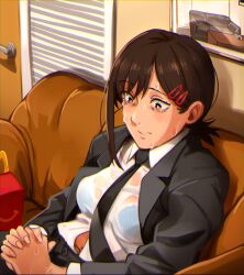 Rule 34 | 1girl, absurdres, black hair, black necktie, black pants, blue bra, bra, bra visible through clothes, breasts, casting couch, chainsaw man, closed mouth, collared shirt, couch, formal, hair ornament, hairclip, higashiyama kobeni, highres, indoors, interlocked fingers, khyle., mcdonald&#039;s, medium breasts, necktie, nervous sweating, own hands together, pants, shirt, sitting, solo, suit, sweat, underwear, wet, wet clothes, wet shirt, white shirt, wing collar