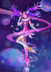 Rule 34 | 1girl, absurdres, alternate costume, alternate hair color, alternate hairstyle, boots, choker, elbow gloves, female focus, gloves, high heel boots, high heels, highres, league of legends, lipstick, lux (league of legends), magical girl, makeup, pink hair, pleated skirt, purple skirt, ribbon, skirt, solo, star guardian (league of legends), star guardian lux, thighhighs, tiara, twintails, white gloves