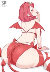 Rule 34 | 1girl, absurdres, artist name, ass, back, bikini, blush, demon horns, demon tail, demon wings, fake horns, fake tail, fake wings, hairband, highres, horns, huge ass, kaos art, looking at viewer, looking back, pyra (xenoblade), red bikini, red eyes, red hair, short hair, sitting, solo, striped clothes, striped thighhighs, swimsuit, tail, thighhighs, wariza, wings, xenoblade chronicles (series), xenoblade chronicles 2