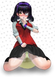 Rule 34 | bandaged arm, bandages, black hair, blush, bow, cardigan, clothes lift, collared shirt, covering own mouth, earrings, embarrassed, eyelashes, eyepatch, hair bow, hairband, hand over own mouth, heart, heart print, highres, ikishima midari, jewelry, kakegurui, lifted by self, mouth piercing, nail polish, nokironokii, one eye covered, pee, pee stain, peeing, peeing self, piercing, pleated skirt, puddle, purple nails, seiza, shirt, short hair, sitting, skirt, skirt lift, sweatdrop, thighs, white shirt, yellow eyes
