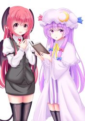 Rule 34 | 2girls, absurdres, black legwear, book, bow, cowboy shot, crescent, dress, dress shirt, hat, head wings, highres, holding, holding book, koakuma, long hair, long sleeves, looking at viewer, mob cap, multiple girls, necktie, open mouth, patchouli knowledge, purple eyes, purple hair, red bow, red eyes, red hair, reimei (r758120518), ribbon, shirt, skirt, skirt set, striped, thighhighs, touhou, vertical stripes, very long hair, vest, white background, white shirt, wings, zettai ryouiki