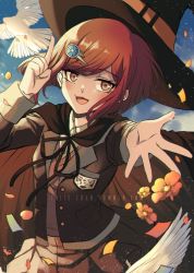 Rule 34 | 1girl, bird, black cape, black jacket, brown cape, brown eyes, cape, commentary request, criis-chan, danganronpa (series), danganronpa v3: killing harmony, dove, flower, gem, hair ornament, hairclip, hand up, hat, index finger raised, jacket, long sleeves, looking at viewer, open mouth, outstretched arm, petals, pleated skirt, red flower, red hair, ribbon, school uniform, shirt, short hair, skirt, smile, solo, witch hat, yumeno himiko