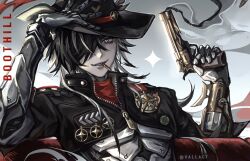 Rule 34 | 1boy, absurdres, armor, badge, black eyes, black hair, black hat, black jacket, boothill (honkai: star rail), bullet in mouth, commentary, cowboy hat, crosshair pupils, english commentary, grin, gun, hand on headwear, hand up, hat, hat feather, highres, holding, holding gun, holding weapon, honkai: star rail, honkai (series), jacket, long hair, looking at viewer, male focus, mechanical arms, mechanical hands, mole, mole under eye, multicolored hair, multiple moles, red pupils, red shirt, sharp teeth, shirt, smile, solo, teeth, twitter username, unzipped, upper body, vallact, weapon, white hair, zipper, zipper pull tab