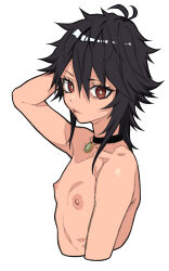 Rule 34 | 1girl, antenna hair, arm up, black choker, black hair, bright pupils, choker, cropped torso, expressionless, flat chest, hair between eyes, highres, looking at viewer, lulu (pastime774), medium hair, nipples, nude, original, pastime774, red eyes, simple background, sketch, solo, upper body, white background, white pupils