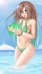 Rule 34 | arm band, armband, ball, bare shoulders, beach, beachball, beachball, bellu, bikini, blush, bracelet, breasts, brown hair, choujigen taisen neptune vs sega hard girls, cleavage, cloud, embrassed, flustered, green eyes, highres, if (neptunia), jetkerbal, jewelry, knees, long hair, midriff, navel, neptune (seires), neptune (series), ocean, open mouth, sky, small breasts, surprised, swimsuit, thighs, very long hair, water