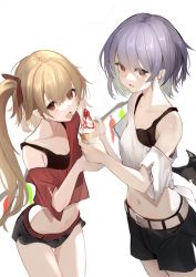 Rule 34 | 2girls, absurdres, belt, black ribbon, black shirt, black shorts, black wings, blonde hair, blue hair, brown belt, camisole, commentary request, contemporary, crystal, demon wings, fang, flandre scarlet, food, hair ribbon, highres, holding, holding food, ice cream cone, long hair, looking at viewer, low wings, lumo 1121, micro shorts, midriff, multiple girls, navel, off-shoulder shirt, off shoulder, red eyes, red shirt, remilia scarlet, ribbon, shared food, shirt, short hair, short shorts, short sleeves, shorts, siblings, side ponytail, simple background, sisters, standing, tied shirt, tongue, tongue out, touhou, white background, white belt, white shirt, wings