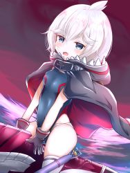 Rule 34 | 1girl, azur lane, blue eyes, blush, cape, commentary request, cross, fang, gloves, grey hair, hair between eyes, highres, hood, hooded jacket, iron cross, jacket, looking at viewer, open mouth, short hair, simple background, solo, swimsuit, thighhighs, thighs, torpedo, u-110 (azur lane), uduki (nissi), water, white hair