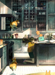 Rule 34 | 1girl, absurdres, black hair, bread, bread slice, cabinet, carpet, counter, dog, faucet, food, from side, glasses, highres, indoors, kneeling, kukka, loaf of bread, long hair, looking away, original, parted lips, plant, potted plant, scenery, sink, slippers, socks, solo, toast, toaster, white socks