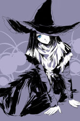 Rule 34 | 1girl, bad id, bad pixiv id, black hair, blue eyes, capelet, demon&#039;s souls, dress, female focus, from software, hat, hat over one eye, long sleeves, looking at viewer, mera nattou, monochrome, natto mela, one eye covered, purple theme, short hair, sitting, solo, spot color, witch, witch hat, yuria the witch