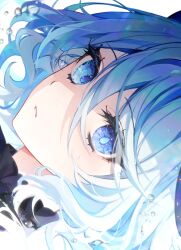 Rule 34 | 1girl, 58 (opal 00 58), absurdres, air bubble, ascot, black ascot, blue ascot, blue brooch, blue eyes, blue hair, bubble, close-up, commentary, drop-shaped pupils, eyelashes, furina (genshin impact), genshin impact, hair between eyes, heterochromia, highres, light blue hair, looking at viewer, multicolored hair, parted lips, portrait, revision, sidelocks, sideways, solo, streaked hair, symbol-shaped pupils, two-tone hair, water drop, white background