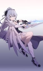 Rule 34 | 1girl, :d, absurdres, asymmetrical gloves, black gloves, bronya zaychik, bronya zaychik (silverwing: n-ex), dress, drill hair, full body, gloves, grey eyes, grey hair, gun, hair between eyes, hair ornament, highres, holding, holding gun, holding weapon, honkai (series), honkai impact 3rd, long hair, looking at viewer, luolijizhengyi199, mismatched gloves, open mouth, shoes, single sleeve, single thighhigh, smile, solo, thighhighs, weapon, white footwear, white gloves, white thighhighs