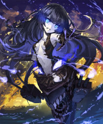 Rule 34 | 10s, 1girl, abyssal ship, aqua eyes, black hair, blue eyes, clenched teeth, double bun, geeto gaadian, glowing, glowing eyes, kantai collection, light cruiser oni, long hair, looking at viewer, solo, teeth, torn clothes