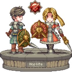 Rule 34 | 1boy, 1girl, armor, armored boots, armored dress, blonde hair, boots, faux figurine, grey hair, holding, holding polearm, holding weapon, hoplite (tree of savior), pixel art, polearm, shield, shoulder armor, toshi6786, tree of savior, weapon