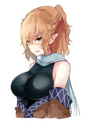 Rule 34 | 1girl, bare shoulders, biting own lip, black shirt, black skirt, blonde hair, blush, breasts, brown shirt, deetamu, detached sleeves, green eyes, half updo, highres, large breasts, medium hair, mizuhashi parsee, open mouth, pointy ears, scarf, shirt, simple background, skirt, solo, touhou, undershirt, upper body, white background, white scarf