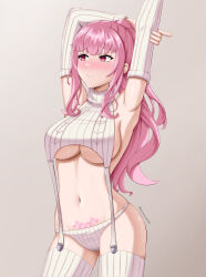 Rule 34 | 1girl, absurdres, arm behind head, armpits, azurecruiser, blunt bangs, blush, breasts, detached sleeves, garter straps, grey background, highres, hololive, hololive english, large breasts, long hair, looking at viewer, meme attire, mori calliope, panties, pink hair, ponytail, pubic tattoo, red eyes, sidelocks, solo, sweater, tattoo, thighhighs, turtleneck, turtleneck sweater, underboob, underwear, virgin destroyer sweater, virtual youtuber, white garter straps, white panties, white sleeves, white sweater, white thighhighs