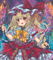 Rule 34 | 1girl, :d, blonde hair, blue background, bow, bowtie, brown corset, buttons, corset, cowboy shot, crystal, fang, flandre scarlet, floral print, frilled hat, frilled shirt collar, frills, hair between eyes, hat, hat ribbon, holding, holding wand, laevatein (touhou), long hair, looking at viewer, marker (medium), mob cap, multicolored background, open mouth, print skirt, puffy short sleeves, puffy sleeves, purple background, red eyes, red ribbon, red skirt, ribbon, rose print, rui (sugar3), sample watermark, shirt, short sleeves, side ponytail, skirt, smile, solo, touhou, traditional media, wand, watermark, white hat, white shirt, wings, yellow bow, yellow bowtie