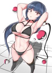 Rule 34 | 1girl, arms behind head, bikini, black bikini, black hair, blush, boots, breasts, cleavage, commentary request, creatures (company), game freak, highres, holding, holding whip, large breasts, long hair, looking at viewer, navel, nintendo, poke ball, poke ball (basic), pokemon, pokemon frlg, pokemon rgby, red eyes, sabrina (pokemon), shadow, solo, sumida kichi, swimsuit, tile floor, tiles, white background