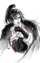 Rule 34 | 1boy, absurdres, armor, blood, blood on clothes, blood on face, blood on hands, braid, chinese clothes, chinese commentary, cloak, finger to mouth, fur-trimmed cloak, fur trim, greyscale, hanfu, headband, high ponytail, highres, keru233, long hair, long sleeves, looking to the side, monochrome, open mouth, qiang jin jiu, solo, spot color, thumb ring, white background, xiao chiye