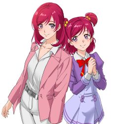 Rule 34 | 2girls, age difference, belt, bow, bowtie, closed mouth, collarbone, collared shirt, cowboy shot, dress, dress shirt, grey belt, grey dress, hair bobbles, hair ornament, height difference, highres, jacket, kibou no chikara ~otona precure &#039;23~, l&#039;ecole des cinq lumieres school uniform, long hair, long sleeves, looking at viewer, multiple girls, open clothes, open jacket, own hands together, pants, pink jacket, pleated dress, precure, purple eyes, purple jacket, red bow, red bowtie, red hair, school uniform, shirt, short dress, sketch, smile, sozan, standing, swept bangs, two side up, white pants, white shirt, wing collar, yes! precure 5, yumehara nozomi