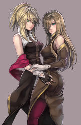 Rule 34 | 00s, 2girls, ass, ass grab, bare shoulders, blonde hair, blue eyes, blush, breasts, brown hair, elbow gloves, fingerless gloves, gloves, green eyes, hair over one eye, hand on ass, kanran demel, legretta, legretta (tales), long hair, multiple girls, ponytail, shawl, side slit, standing, tales of (series), tales of the abyss, tear grants, thighhighs, yuri