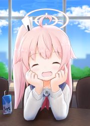 Rule 34 | ahoge, blue archive, blush, chair, cloud, collarbone, commentary request, closed eyes, hair ornament, halo, hands on own cheeks, hands on own face, highres, juice box, nagakaze tobaru, natsu (blue archive), open mouth, pink hair, side ponytail, sitting, sky, table