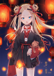 Rule 34 | 1girl, abigail williams (fate), black bow, black choker, black jacket, black skirt, blue eyes, bow, brown bow, choker, commentary request, double bun, fang, fate/grand order, fate (series), forehead, ge zhong kuaile, hair bow, hair bun, highres, jacket, lantern, light brown hair, long hair, long sleeves, looking at viewer, medjed (fate), multiple hair bows, hugging object, open mouth, paper lantern, parted bangs, pixiv id, pleated skirt, polka dot, polka dot bow, red bow, red shirt, shirt, skirt, sleeves past fingers, sleeves past wrists, solo, stuffed animal, stuffed toy, teddy bear, very long hair