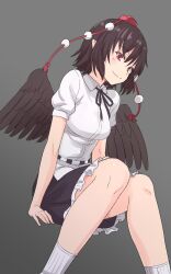 Rule 34 | 1girl, bird wings, black hair, black skirt, black wings, breasts, closed mouth, collared shirt, commentary, feet out of frame, frilled skirt, frills, hat, highres, kakone, looking at viewer, medium breasts, one-hour drawing challenge, pointy ears, pom pom (clothes), red eyes, shameimaru aya, shirt, short hair, short sleeves, simple background, skirt, smile, socks, solo, tokin hat, touhou, white shirt, white socks, wings