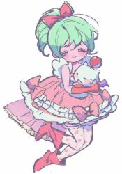 Rule 34 | 1girl, baby ff 4, blush, boots, bow, bridal gauntlets, closed eyes, dress, dress bow, final fantasy, final fantasy vi, floating, frilled sleeves, frills, full body, gloves, green hair, hair between eyes, hair bow, long hair, moogle, pink bow, pink dress, polka dot pantyhose, ponytail, red bow, red footwear, red gloves, smile, solo, tina branford