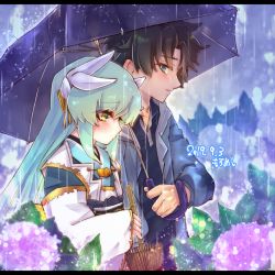 Rule 34 | 1boy, 1girl, artist name, blurry, blurry background, blurry foreground, dated, depth of field, dragon horns, fate/grand order, fate (series), flower, fujimaru ritsuka (male), fujimaru ritsuka (male) (morning glory), horns, hydrangea, japanese clothes, kimono, kiyohime (fate), motimotimeshi, official alternate costume, oil-paper umbrella, parka, rain, umbrella