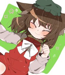 Rule 34 | 1girl, :3, animal ears, blush, bow, bowtie, brown hair, cat ears, cat girl, chen, closed eyes, commentary, dress, flower, green background, green hat, hat, heart, highres, long sleeves, medium hair, mob cap, nagai riku, nekomata, one-hour drawing challenge, paw pose, puffy sleeves, red dress, smile, solo, touhou, v-shaped eyebrows, white background, white bow, white bowtie
