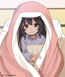 Rule 34 | 1girl, absurdres, black hair, blanket, blue shirt, brown eyes, closed mouth, commentary, dated, frown, futon, girls und panzer, highres, holding, holding pillow, long hair, long sleeves, looking at viewer, one-hour drawing challenge, pajamas, pillow, reizei mako, shirt, sitting, solo, twitter username, under covers, wavy mouth, yuuki koutarou