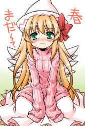 Rule 34 | 1girl, akou roushi, alternate costume, blonde hair, blush, bow, female focus, green eyes, hat, lily white, long hair, oversized clothes, ribbed sweater, sleeves past wrists, solo, sweater, tears, touhou, translated, wings