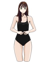 Rule 34 | 1girl, black one-piece swimsuit, brown hair, collarbone, green eyes, highres, long hair, looking at viewer, one-piece swimsuit, original, sakamoto giulietta, simple background, solo, standing, straight-on, swimsuit, white background